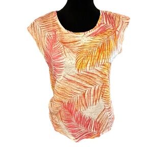 Tahari Pink and Orange Leaf Print Short Sleeve Top